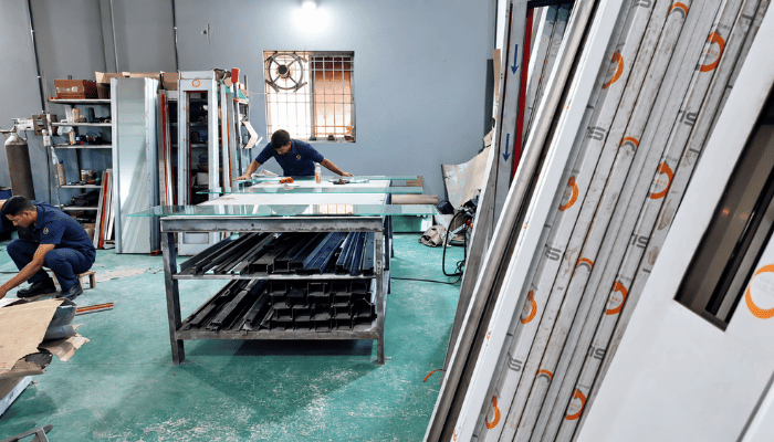 Cabin glass and frame stock in the workshop