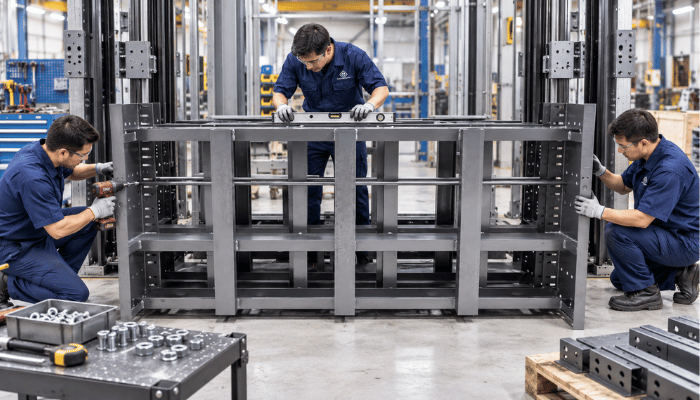 Elevator frame assembly and levelling