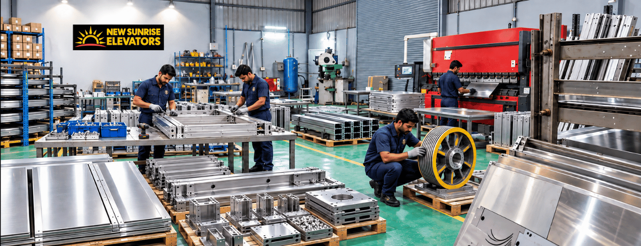 Technicians assembling a glass elevator cabin